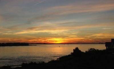 Sunset over river and shrubs